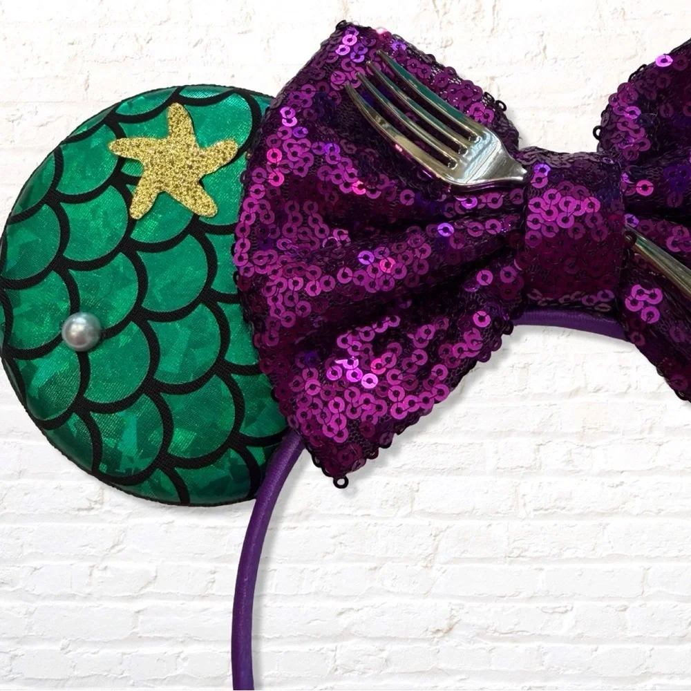 Disney Ariel Little Mermaid Mouse Ears Purple Sequin Bow Green Mermaid Scales